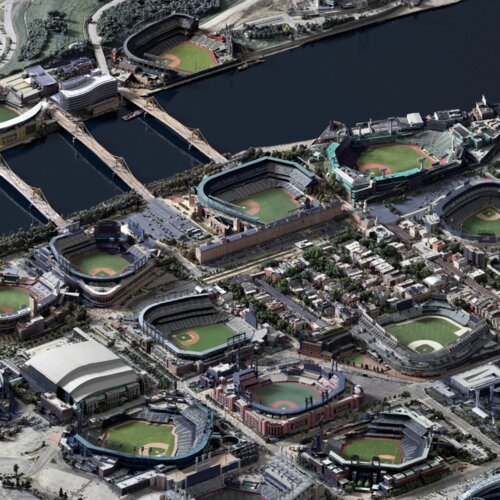 A large format orthographic render of every current MLB stadium connected in a cohesive city grid.